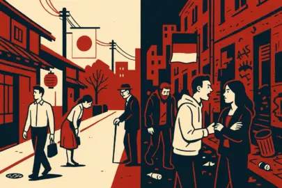 Zweigeteiltes Bild mit japanischer Ordnung und deutscher Großstadt in Kontrast