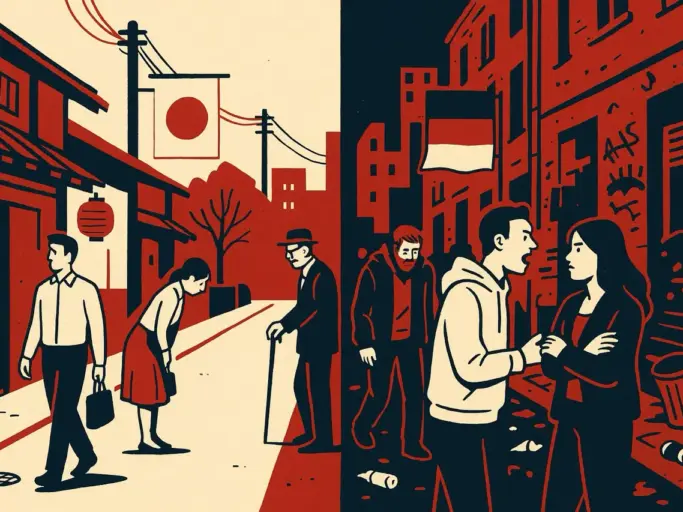 Zweigeteiltes Bild mit japanischer Ordnung und deutscher Großstadt in Kontrast