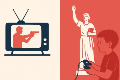 Kind spielt vor Bildschirm, Statue daneben steht für Wertevermittlung