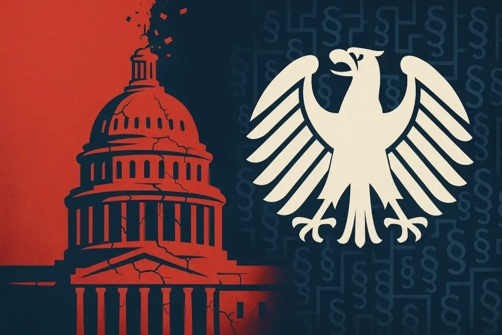 Illustration mit zerfallendem US Kapitol und deutschem Bundesadler in Paragrafenlabyrinth; Symbolik für Bürokratieabbau und Entstaatlichung.