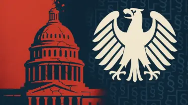 Illustration mit zerfallendem US Kapitol und deutschem Bundesadler in Paragrafenlabyrinth; Symbolik für Bürokratieabbau und Entstaatlichung.