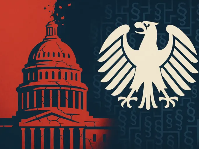Illustration mit zerfallendem US Kapitol und deutschem Bundesadler in Paragrafenlabyrinth; Symbolik für Bürokratieabbau und Entstaatlichung.