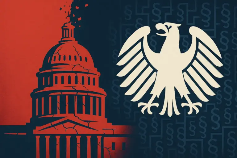 Illustration mit zerfallendem US Kapitol und deutschem Bundesadler in Paragrafenlabyrinth; Symbolik für Bürokratieabbau und Entstaatlichung.