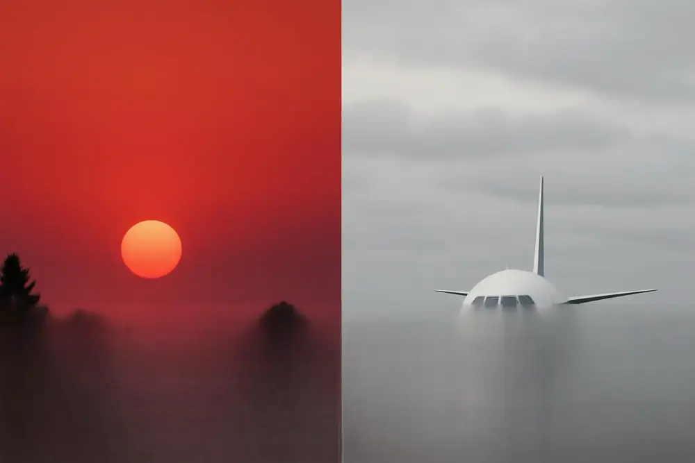 Roter Sonnenuntergang über Häusern, daneben Flugzeug auf grauem Rollfeld