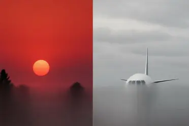 Roter Sonnenuntergang über Häusern, daneben Flugzeug auf grauem Rollfeld