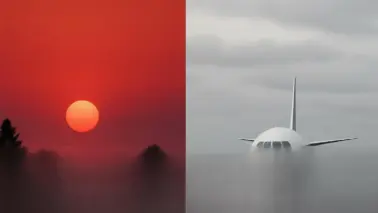 Roter Sonnenuntergang über Häusern, daneben Flugzeug auf grauem Rollfeld