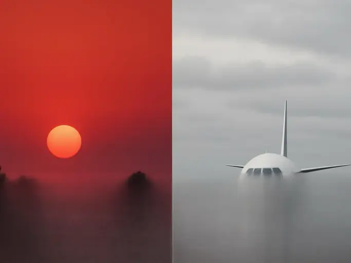 Roter Sonnenuntergang über Häusern, daneben Flugzeug auf grauem Rollfeld