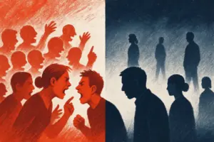 hitzige Diskussion links kuehler Rueckzug rechts – symbolisch Kopie