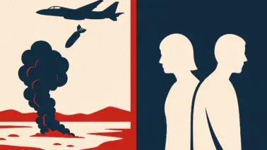 Luftschlag Szene und abstrahierte Menschen in gespaltener Gesellschaft