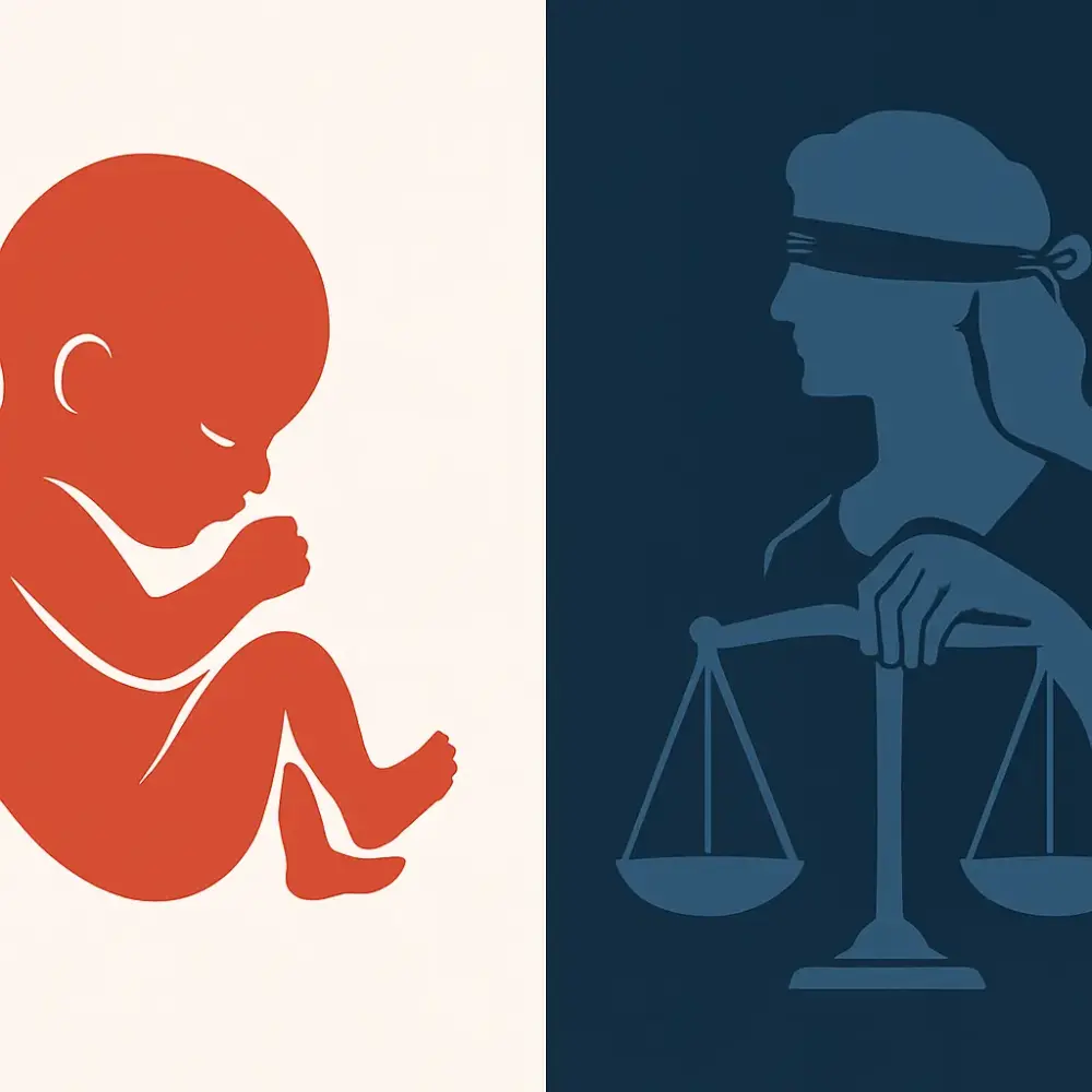 Abstrakter Embryo und Justitia im Kontrast – zwischen Leben und Recht