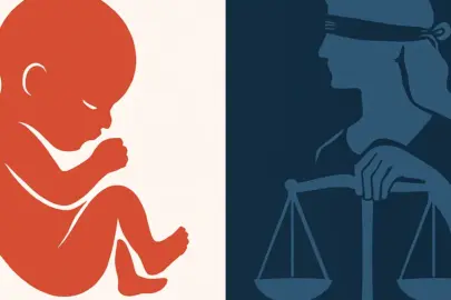 Abstrakter Embryo und Justitia im Kontrast – zwischen Leben und Recht