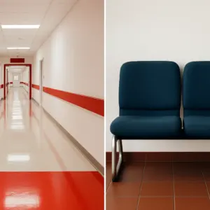 Leerer Krankenhausflur und Wartebank