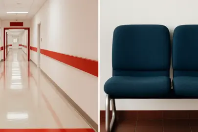 Leerer Krankenhausflur und Wartebank