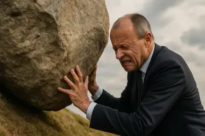 Friedrich Merz beim Versuch, die Last seiner eigenen Versprechen bergauf zu stemmen.