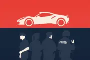 Stilisierter Ferrari über dunkelblauem Einsatzsilhouette Symbol für Sicherheitsdebatte