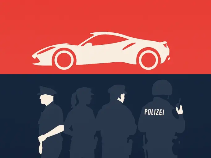 Stilisierter Ferrari über dunkelblauem Einsatzsilhouette Symbol für Sicherheitsdebatte