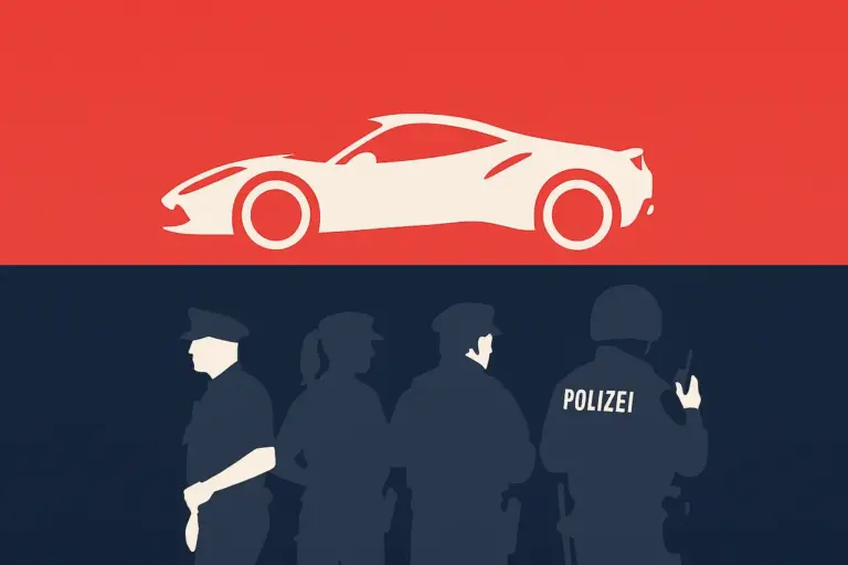 Stilisierter Ferrari über dunkelblauem Einsatzsilhouette Symbol für Sicherheitsdebatte