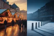 Adventliche Innenstadt mit Sicherheitsbarrieren und Weihnachtsmarkt