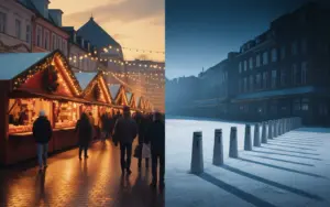 Adventliche Innenstadt mit Sicherheitsbarrieren und Weihnachtsmarkt