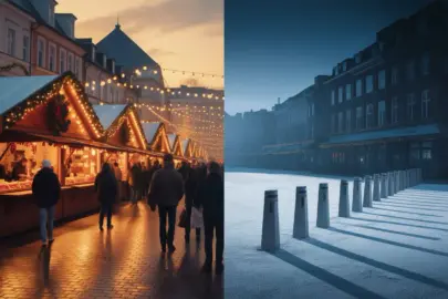 Adventliche Innenstadt mit Sicherheitsbarrieren und Weihnachtsmarkt