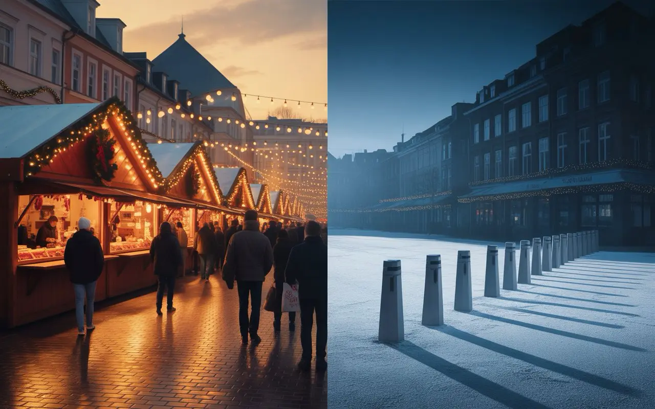 Adventliche Innenstadt mit Sicherheitsbarrieren und Weihnachtsmarkt