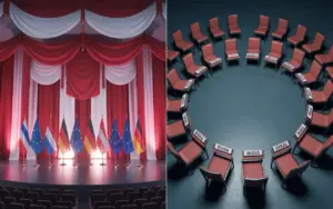 Leere Stühle der Weltmächte neben IStGH Feier in Deutschland