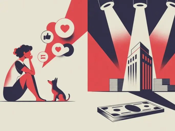 Politikerin mit Hund und Medienhaus im roten Licht demokratischer Debatten heute