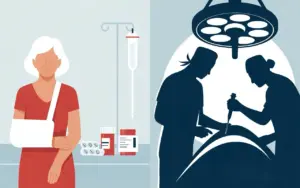 eltere patientin zwischen medikamenten und operation im krankenhaus