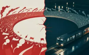 stadionkurve und bahnhofsszene als symbol fuer protest und gewalt im fussball