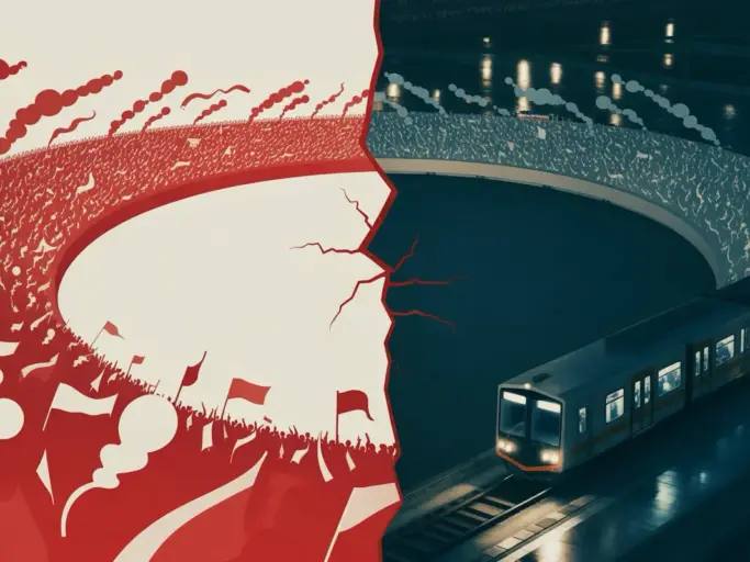 stadionkurve und bahnhofsszene als symbol fuer protest und gewalt im fussball