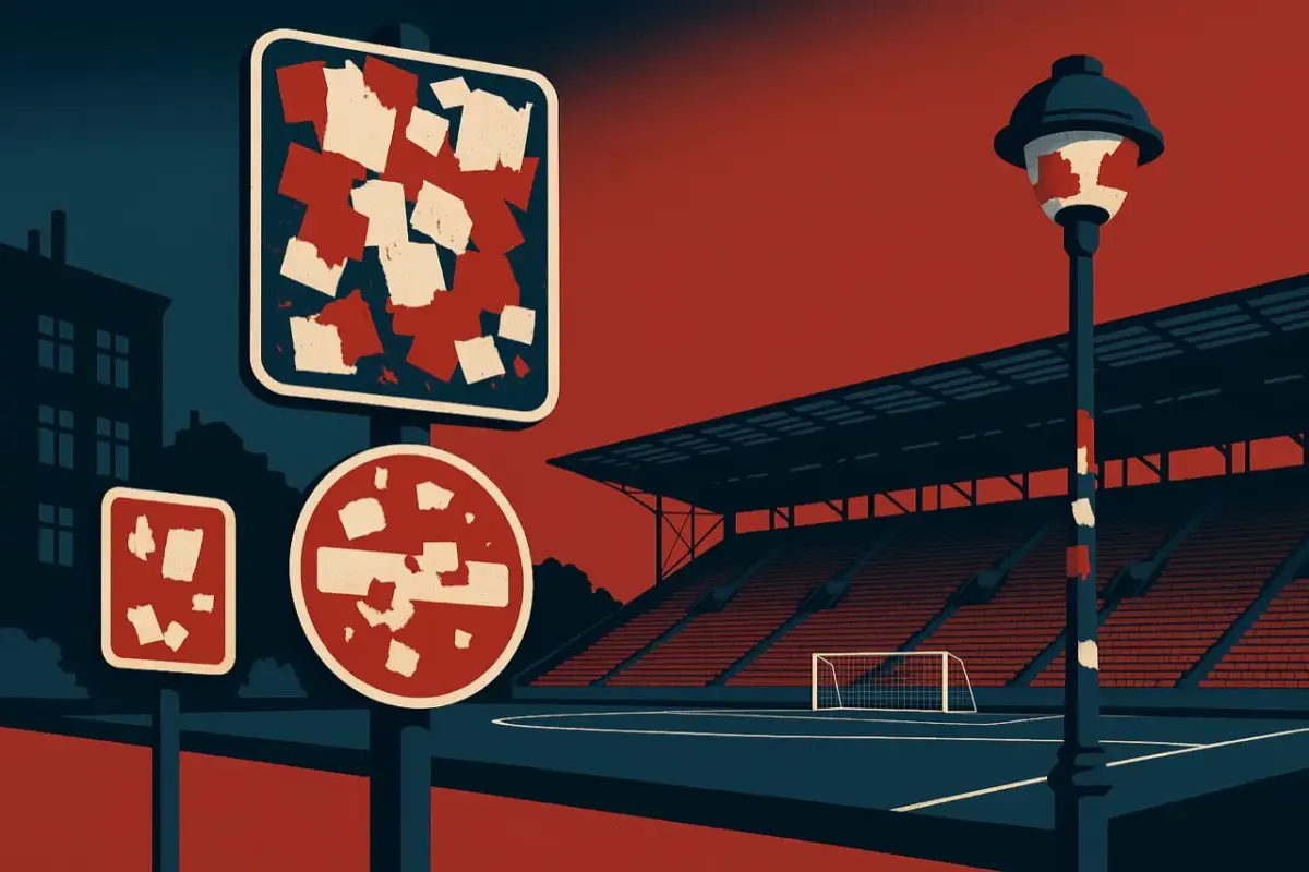 verklebte strassenschilder stadion