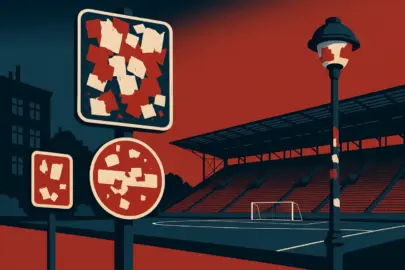 verklebte strassenschilder stadion