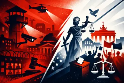 Abstrakte politische Szene mit Macht und Demokratie Symbolen in Rot, Weiß und Blau