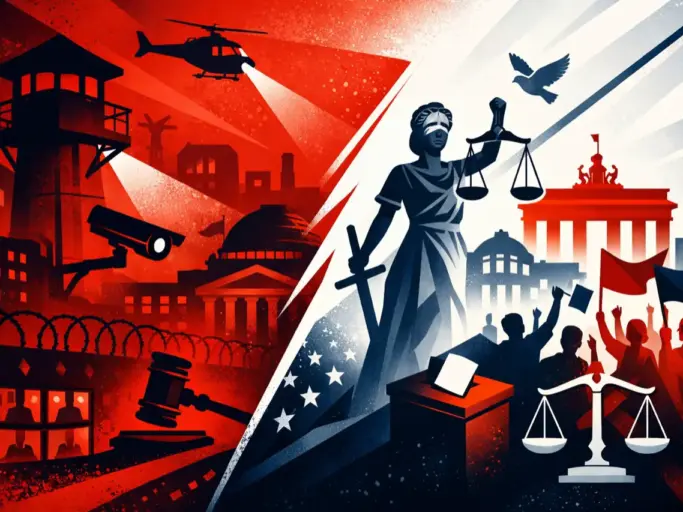 Abstrakte politische Szene mit Macht und Demokratie Symbolen in Rot, Weiß und Blau