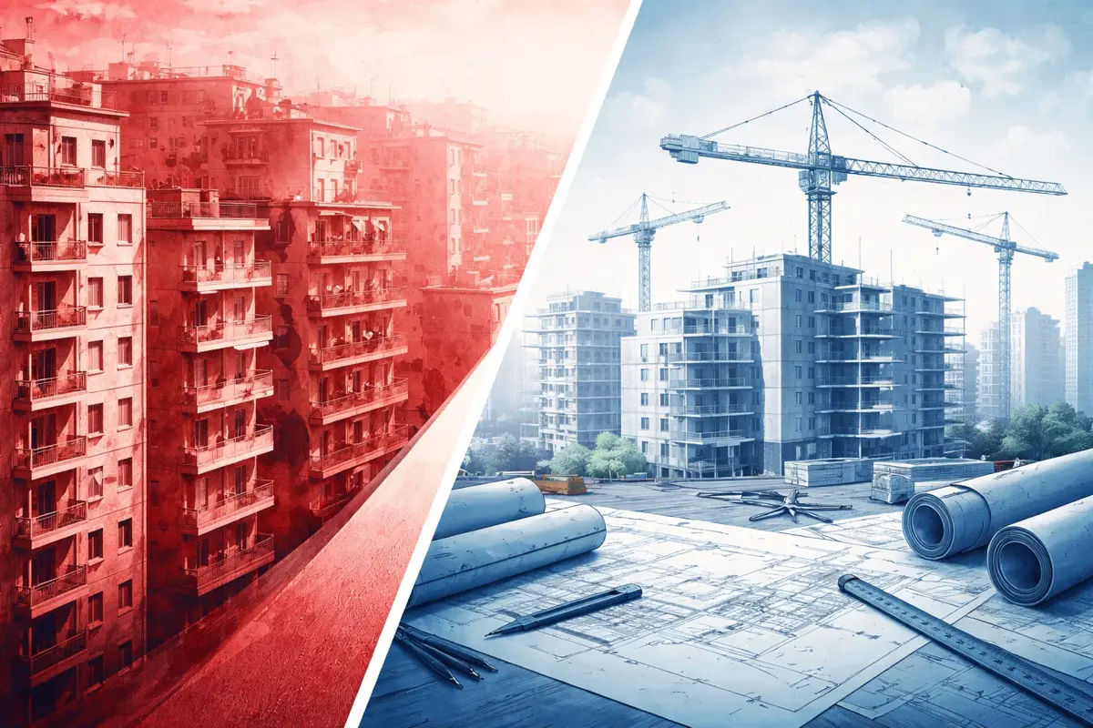 Der lange Atem fehlt – Wohnungsbau zwischen Not und Legislatur 1 Dichte Wohnblocks und Baupläne symbolisieren Wohnungsnot und Hoffnung