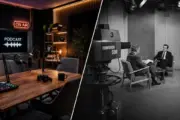 Podcaststudio und ein TV Studio in schwarz-weiss