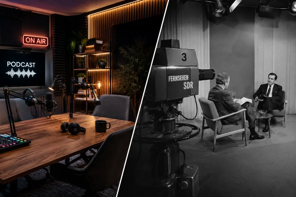 Podcaststudio und ein TV Studio in schwarz-weiss